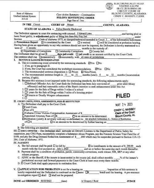 Fallon Blackwood Blounty County, Alabama, Felony Sentencing Order
