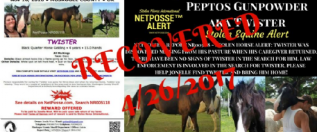 STOLEN EQUINE, RECOVERED "Peptos Gunpowder" aka “Twister” Oklahoma