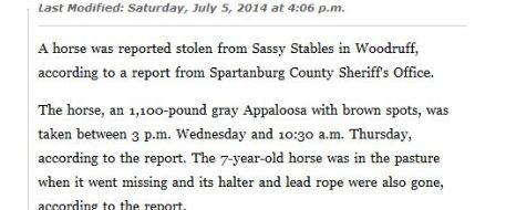 Go Upstate News: Horse Reported stolen in Woodruff