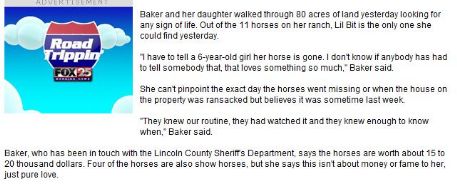 Fox News: 10 horses missing from Lincoln County ranch